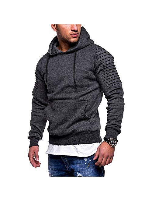 Johoproce Men's Slim Fit Pleated Raglan Sleeve Stripe Hoodies Long Solid Color Sleeve Top Pullover Sweater