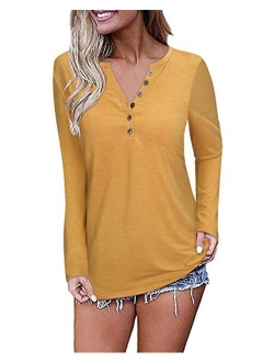 OUGES Womens Long Sleeve V-Neck Button Causal Tops Blouse T Shirt