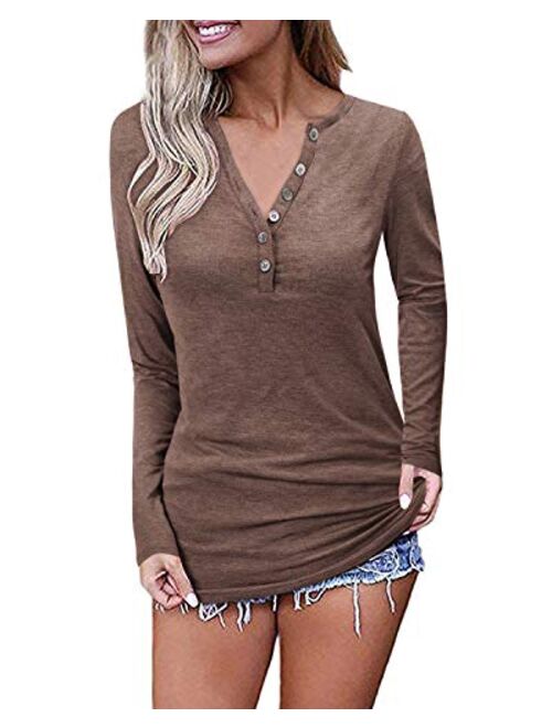 OUGES Womens Long Sleeve V-Neck Button Causal Tops Blouse T Shirt