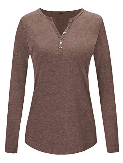 OUGES Womens Long Sleeve V-Neck Button Causal Tops Blouse T Shirt