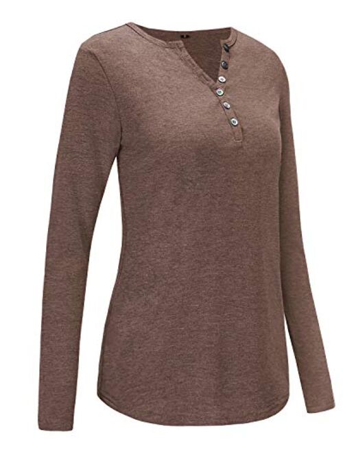 OUGES Womens Long Sleeve V-Neck Button Causal Tops Blouse T Shirt