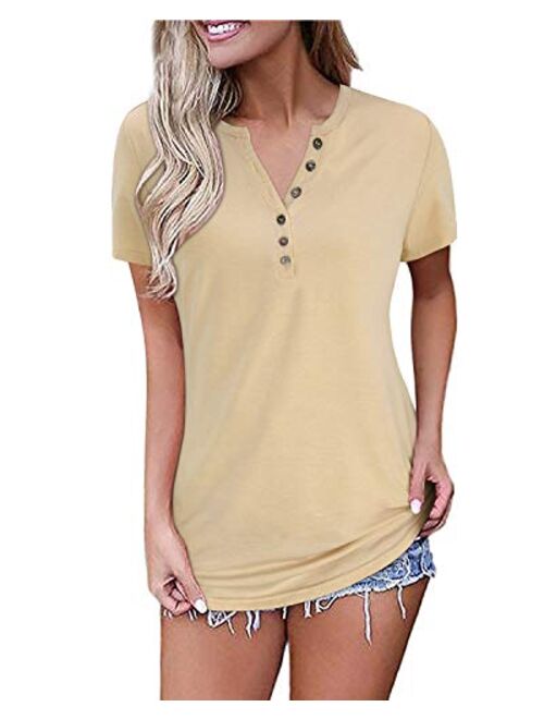 OUGES Womens Long Sleeve V-Neck Button Causal Tops Blouse T Shirt