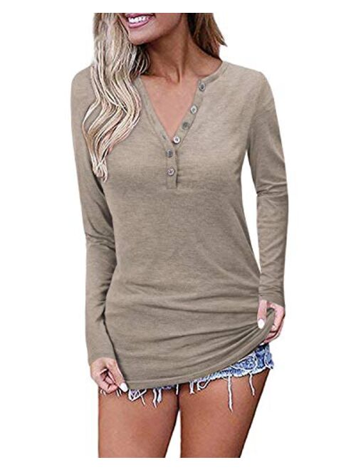 OUGES Womens Long Sleeve V-Neck Button Causal Tops Blouse T Shirt