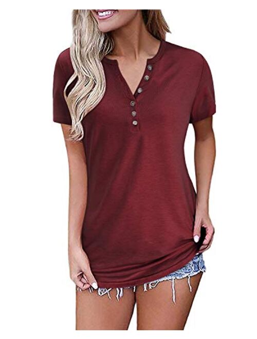 OUGES Womens Long Sleeve V-Neck Button Causal Tops Blouse T Shirt