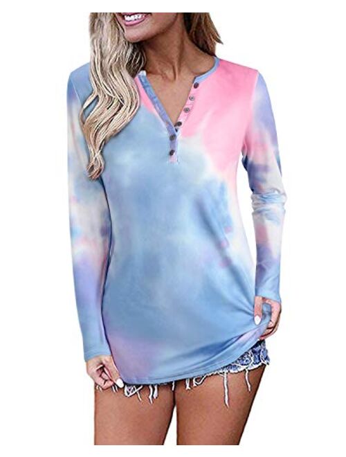 OUGES Womens Long Sleeve V-Neck Button Causal Tops Blouse T Shirt