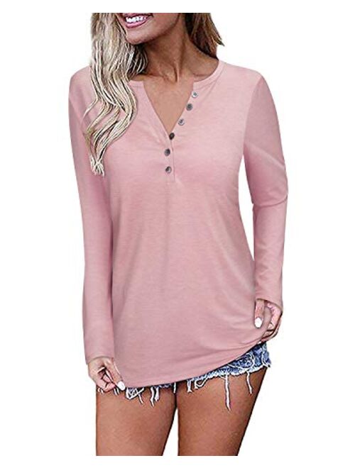 OUGES Womens Long Sleeve V-Neck Button Causal Tops Blouse T Shirt