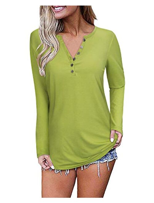 OUGES Womens Long Sleeve V-Neck Button Causal Tops Blouse T Shirt