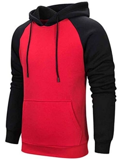 Mens Hoodies Color Block Sweatshirts Patchwork Blend Fleece Pullover with Kanga Pocket