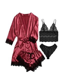 Women's Sleepwear 4pcs Floral Lace Trim Satin Cami Pajama Set with Robe