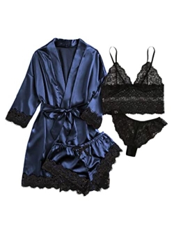 Women's Sleepwear 4pcs Floral Lace Trim Satin Cami Pajama Set with Robe