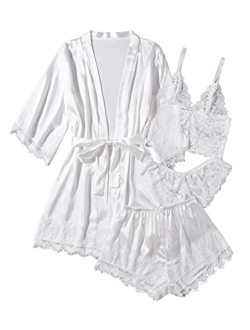 Women's Sleepwear 4pcs Floral Lace Trim Satin Cami Pajama Set with Robe