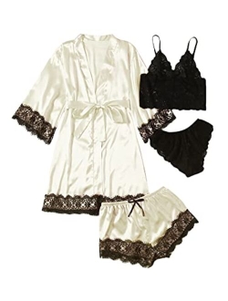 Women's Sleepwear 4pcs Floral Lace Trim Satin Cami Pajama Set with Robe