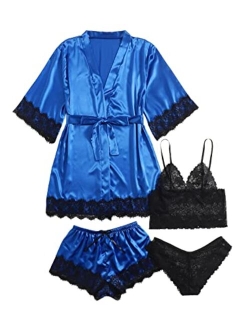 Women's Sleepwear 4pcs Floral Lace Trim Satin Cami Pajama Set with Robe