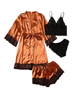 Women's Sleepwear 4pcs Floral Lace Trim Satin Cami Pajama Set with Robe