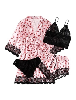 Women's Sleepwear 4pcs Floral Lace Trim Satin Cami Pajama Set with Robe