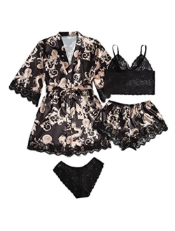 Women's Sleepwear 4pcs Floral Lace Trim Satin Cami Pajama Set with Robe