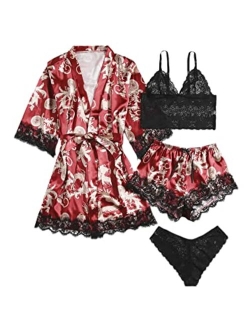 Women's Sleepwear 4pcs Floral Lace Trim Satin Cami Pajama Set with Robe