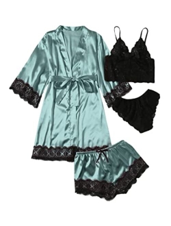 Women's Sleepwear 4pcs Floral Lace Trim Satin Cami Pajama Set with Robe