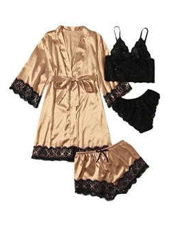 Women's Sleepwear 4pcs Floral Lace Trim Satin Cami Pajama Set with Robe