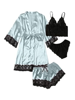 Women's Sleepwear 4pcs Floral Lace Trim Satin Cami Pajama Set with Robe