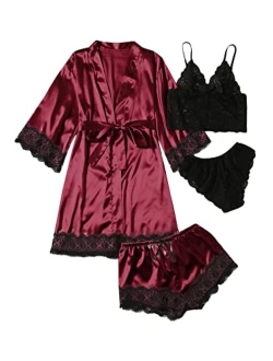 Women's Sleepwear 4pcs Floral Lace Trim Satin Cami Pajama Set with Robe