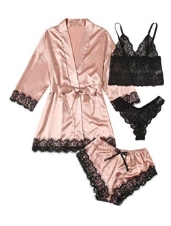 Women's Sleepwear 4pcs Floral Lace Trim Satin Cami Pajama Set with Robe