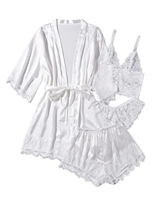 SOLY HUX Women's Sleepwear 4pcs Floral Lace Trim Satin Cami Pajama Set with Robe