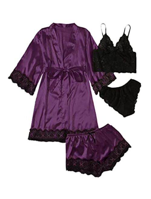 SOLY HUX Women's Sleepwear 4pcs Floral Lace Trim Satin Cami Pajama Set with Robe