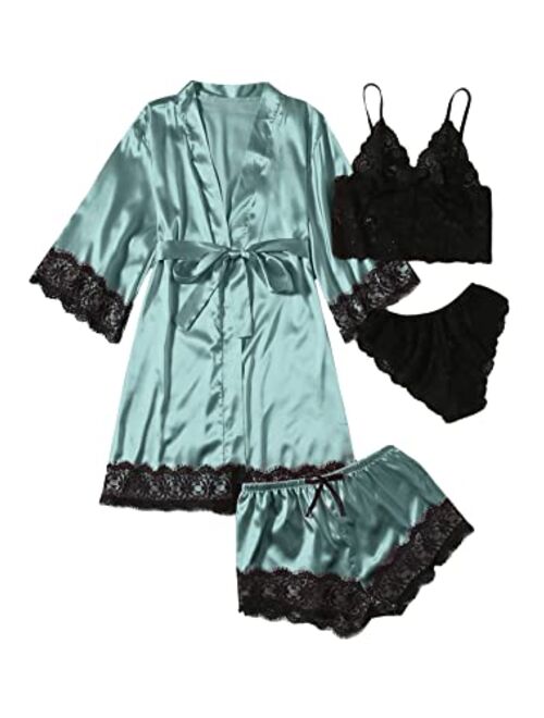 SOLY HUX Women's Sleepwear 4pcs Floral Lace Trim Satin Cami Pajama Set with Robe