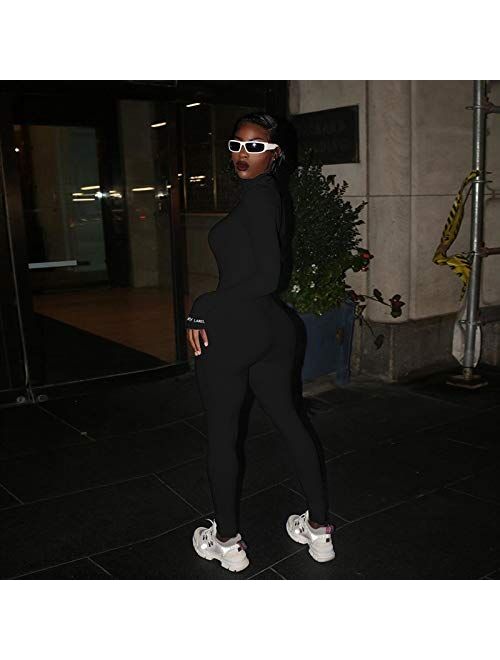 Bowanadacles Women Sports Jumpsuits Bodysuit Outfits Solid Color High Collar Hidden Zipper Lady Fashion Tracksuit Clothes