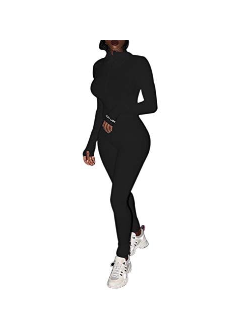 Bowanadacles Women Sports Jumpsuits Bodysuit Outfits Solid Color High Collar Hidden Zipper Lady Fashion Tracksuit Clothes