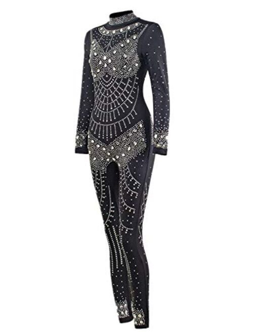 Sedrinuo Women Club Outfits Long Sleeve Bodycon Jumpsuits High Neck Sparkly Rhinestone Romper