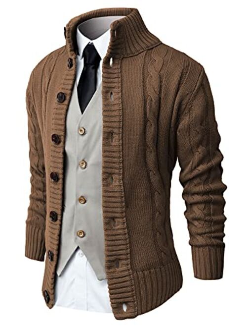 NITAGUT Mens Long Sleeve Stand Collar Cardigan Sweaters Button Down Cable Knitted Sweater