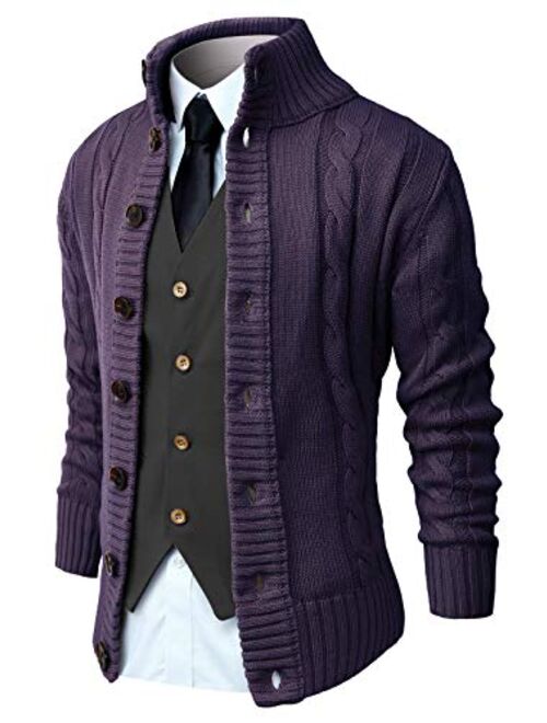 NITAGUT Mens Long Sleeve Stand Collar Cardigan Sweaters Button Down Cable Knitted Sweater