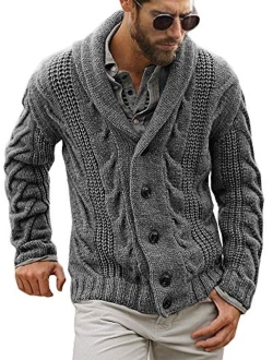 Mens Cable Knit Cardigan Sweater Shawl Collar Loose Fit Long Sleeve Casual Cardigans