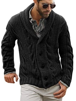 Mens Cable Knit Cardigan Sweater Shawl Collar Loose Fit Long Sleeve Casual Cardigans