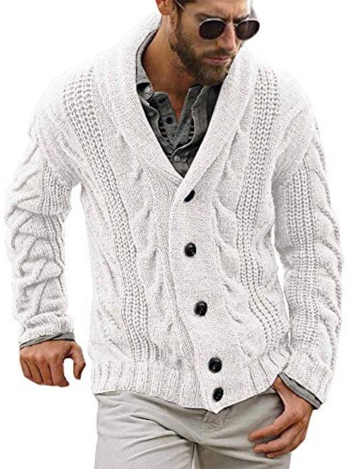 Mens Cable Knit Cardigan Sweater Shawl Collar Loose Fit Long Sleeve Casual Cardigans