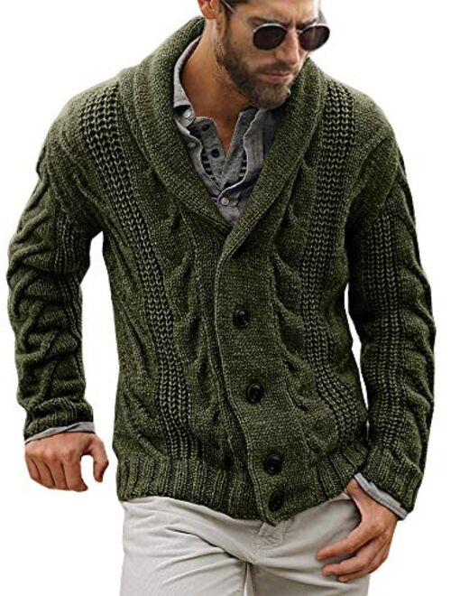 Mens Cable Knit Cardigan Sweater Shawl Collar Loose Fit Long Sleeve Casual Cardigans