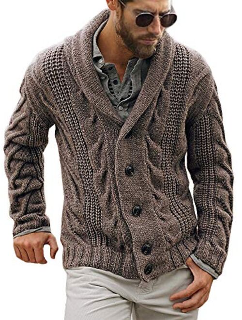 Mens Cable Knit Cardigan Sweater Shawl Collar Loose Fit Long Sleeve Casual Cardigans