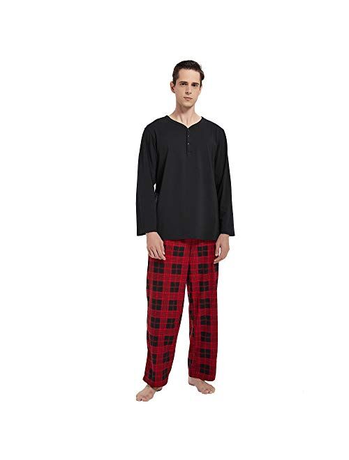 Vulcanodon Mens Cotton Pajama Set, Plaid Pajamas for Men Long Sleeve Sleepwear Warm Fleece Pjs Set with Pockets Soft