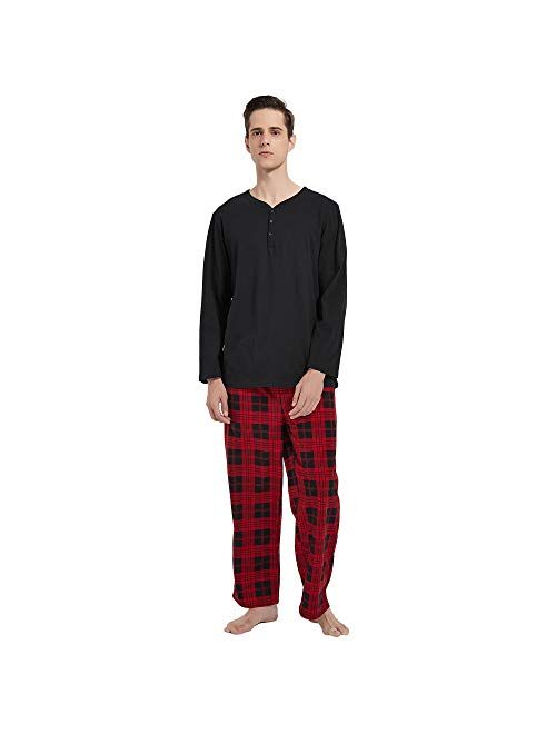 Vulcanodon Mens Cotton Pajama Set, Plaid Pajamas for Men Long Sleeve Sleepwear Warm Fleece Pjs Set with Pockets Soft