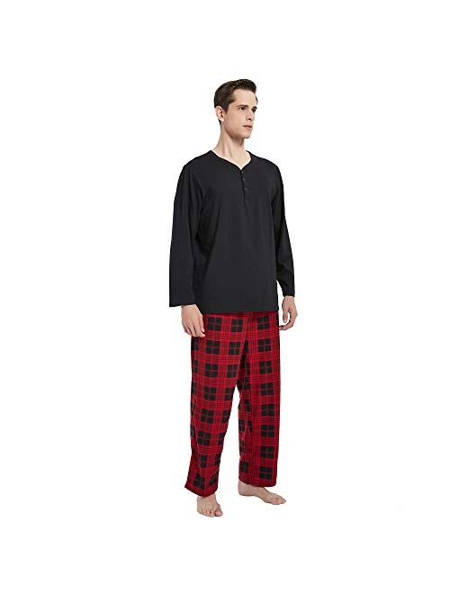 Vulcanodon Mens Cotton Pajama Set, Plaid Pajamas for Men Long Sleeve Sleepwear Warm Fleece Pjs Set with Pockets Soft