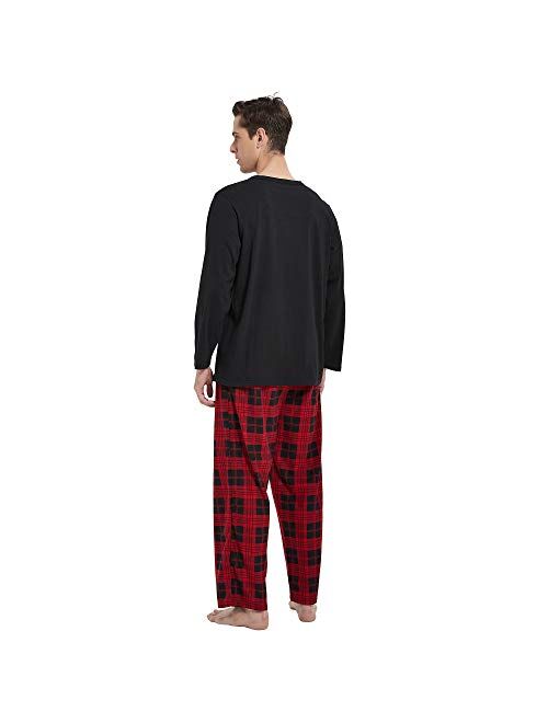 Vulcanodon Mens Cotton Pajama Set, Plaid Pajamas for Men Long Sleeve Sleepwear Warm Fleece Pjs Set with Pockets Soft