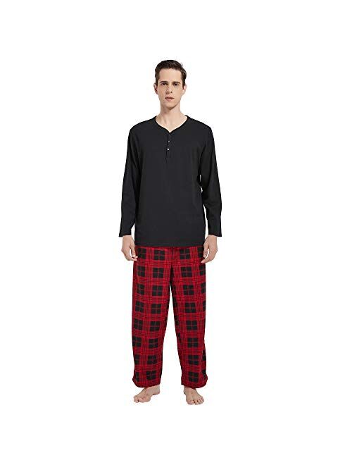 Vulcanodon Mens Cotton Pajama Set, Plaid Pajamas for Men Long Sleeve Sleepwear Warm Fleece Pjs Set with Pockets Soft