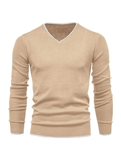 Men's Cotton V Neck Sweater Knitted Jumper Sweater Long Sleeve Pullover Top