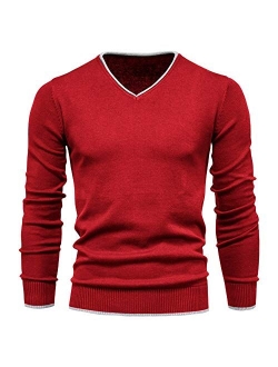 Men's Cotton V Neck Sweater Knitted Jumper Sweater Long Sleeve Pullover Top