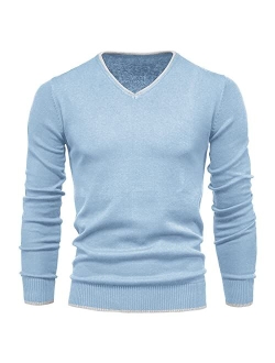 Men's Cotton V Neck Sweater Knitted Jumper Sweater Long Sleeve Pullover Top