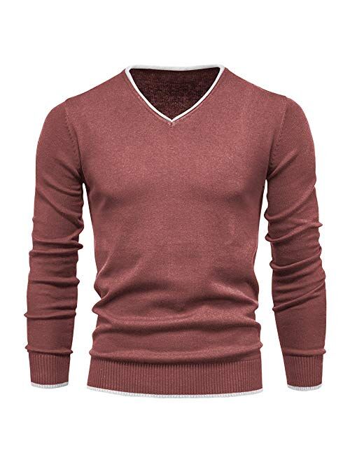 Men's Cotton V Neck Sweater Knitted Jumper Sweater Long Sleeve Pullover Top