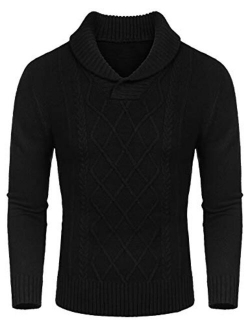 Men's Shawl Collar Sweaters V-Neck Cotton Relaxed Fit Cable Pullover