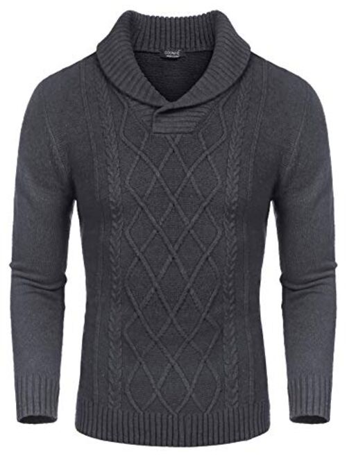 COOFANDY Men's Shawl Collar Sweaters V-Neck Cotton Relaxed Fit Cable Pullover